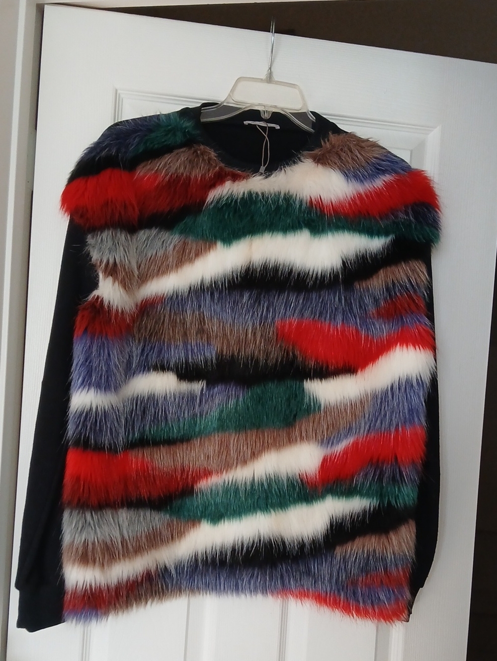 Zara Multicolor Faux Fur Crewneck Sweater with Red, Green & Blue Accents